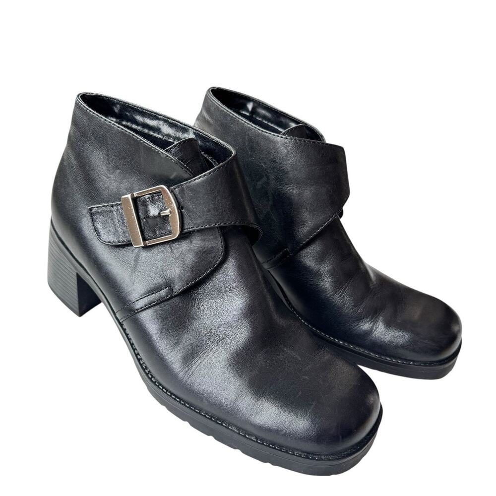 White Mountain Boots 8.5 M Sandra Ankle Bootie Black Leather Buckle Block Y2K 90